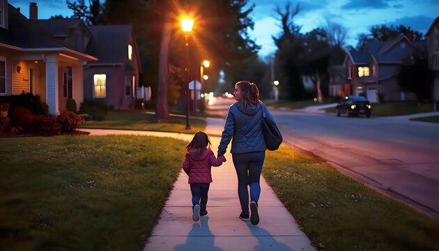 Happy parenting moments with kids walking in suburban neighborhood