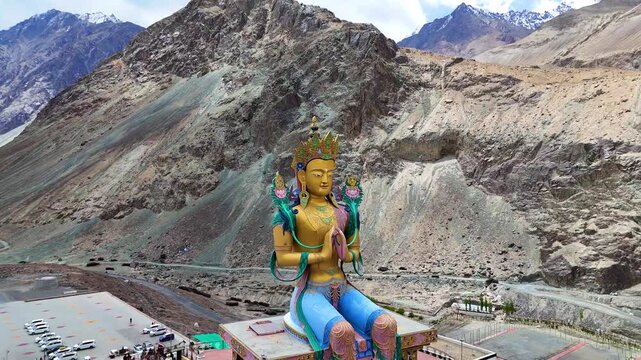 4K Drone Shot of Maitreya Buddha Statue at Diskit Monastery, Nubra Valley, Ladakh, India