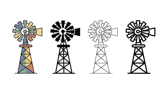 Four different styled windmill icons in colorful and black and white on white background