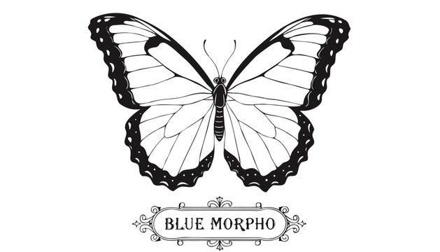 Very beautiful black-and-white engraved vector illustration featuring a graceful BLUE MORPHO butterfly with symmetrical wing details and a decorative species label reading "BLUE MORPHO", rendered in r