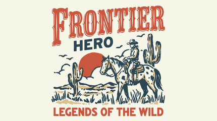 Obraz premium Frontier hero. Legends of the wild vintage print design for t shirt. Wild west adventure. Cowboy desert graphic.