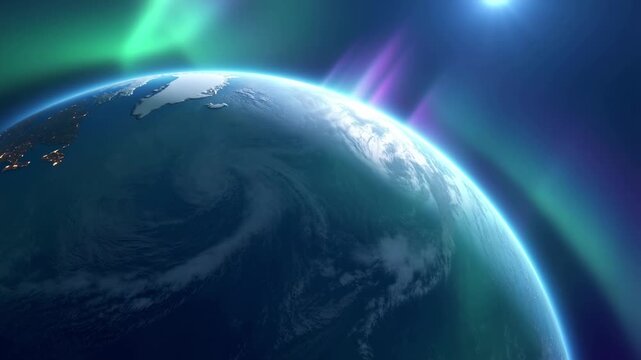 Earth planet rotating in deep space with glowing aurora borealis lights
