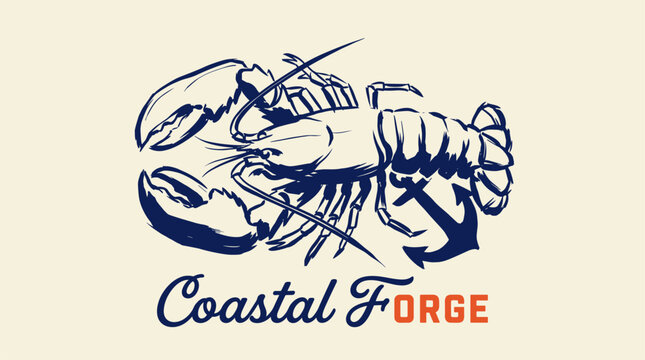 Coastal forge. Lobster nautical vintage design for t shirt print, poster, sticker. Beach club. Ocean adventure vintage print design.