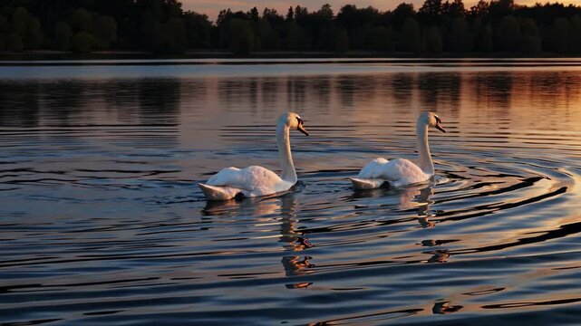 Two swans glide gracefully on tranquil lake surface at sunset. Their reflections create mesmerizing patterns in calm water. Nature's beauty captured in serene moment.