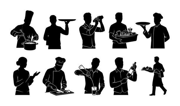 Set of Professional Culinary and Restaurant Staff Silhouettes Including Chefs Waiters and Bartenders Engaged in Service Tasks