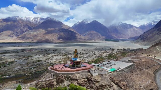 4K Drone Shot of Maitreya Buddha Statue at Diskit Monastery, Nubra Valley, Ladakh, India