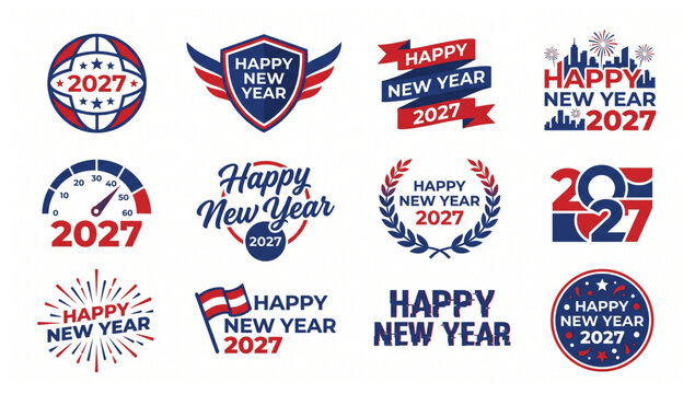 Set of red blue and white happy new year 2027 modern graphic logos with celebration collection typography fireworks cityscape speedometer creative template business branding