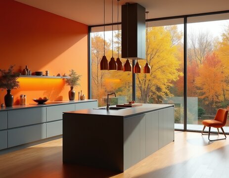 Modern kitchen with orange accent walls gray cabinetry and island. Large windows show autumn trees. Minimalist decor adds warmth. Cozy seating complements style.