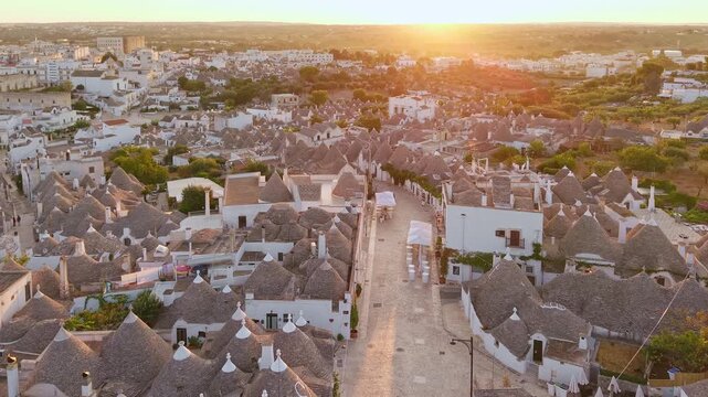 Aerial sunrise over the Trulli of Alberobello in Puglia, Italy