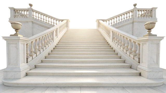 Classical White Marble Grand Staircase with Balustrade Isolated on White Background