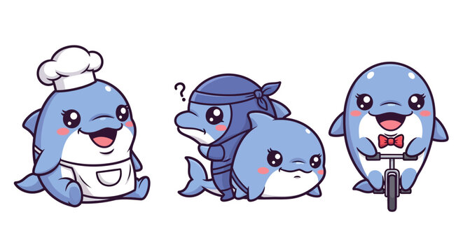 Cartoon Dolphins in Various Outfits and Poses.