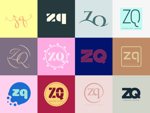 ZQ logo company template. Letter z and q logotype. Set different classic serif lettering and modern bold text with design elements. Initial font typography.