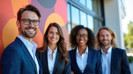 Obraz premium Diverse business team stands confidently outside modern office building. Professionals in suits smile, project success and teamwork. They represent corporate collaboration growth and achievement.