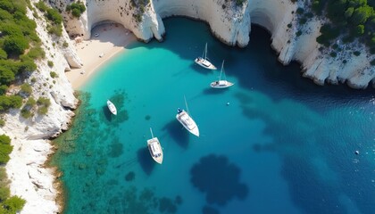 Obraz premium Several yachts anchor in a clear turquoise bay with white cliffs. Plants tops dramatic rock formations above a sandy beach. Peaceful sea anchorage provides scenic vacation spot.