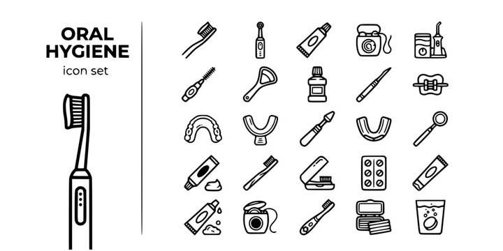 Oral Hygiene Dental Care Bold Line Icons-Manual Electric Toothbrush Toothpaste Floss Water Flosser Interdental Tongue Scraper Mouthwash Braces Whitening-25 Oral Hygiene Icon Set Vector