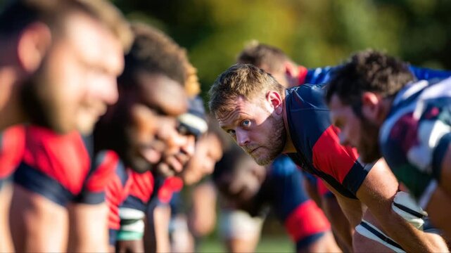 Male rugby players in red and blue uniforms prepare for a match, focusing intensely in a line formation on a sunny field with blurred teammates in the background