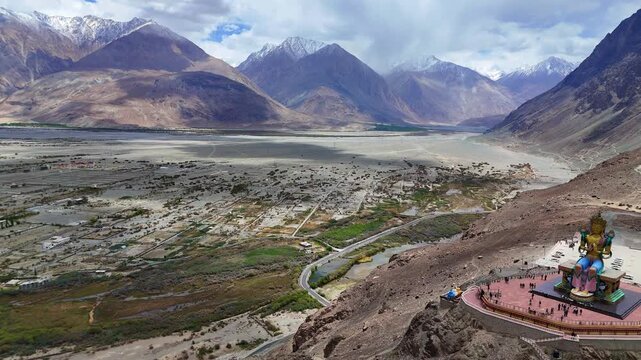 4K Drone Shot of Maitreya Buddha Statue at Diskit Monastery, Nubra Valley, Ladakh, India