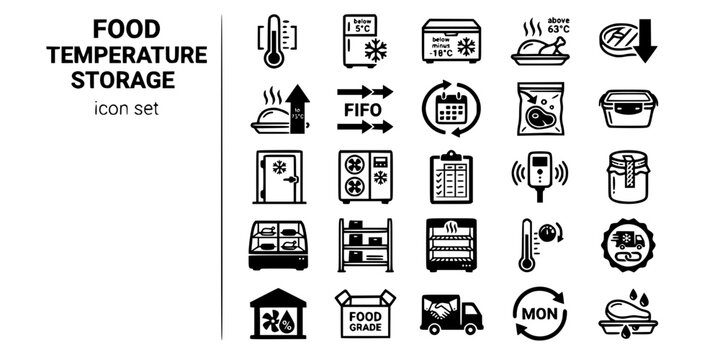 Food Storage Temperature Safety Bold Line Icons-Danger Zone Refrigerator Freezer Hot Holding Cool Rapidly Reheat FIFO Date Label Vacuum Seal Blast Chiller-25 Temperature Safety Icon Set Vector
