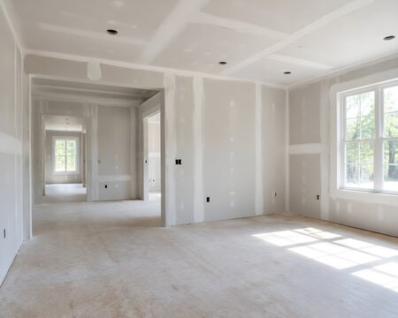 Professional Unpainted Drywall Installation Panels With White Joint Compound Seams In Interior Home Renovation Project