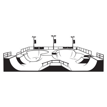 Skatepark vector illustration with ramps and bowls in black and white silhouette line art