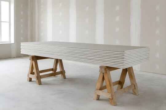 Horizontal Stack Of Clean Drywall Sheets Resting On Wooden Sawhorses Inside Empty Home Renovation Room