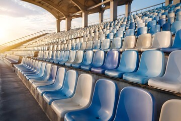 Naklejka premium Spacious sports stadium grandstand filled with repeating plastic chairs illuminated by soft warm afternoon sunlight