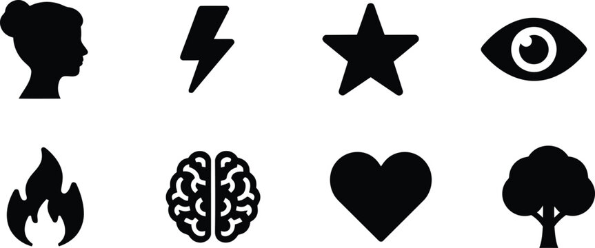 Silhouette icons set of human profile head changing to star shape eye symbol love brain and tree Vector