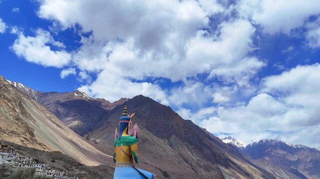 4K Drone Shot of Maitreya Buddha Statue at Diskit Monastery, Nubra Valley, Ladakh, India