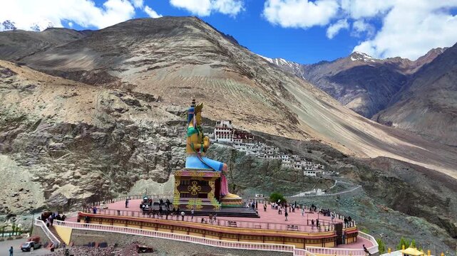 4K Drone Shot of Maitreya Buddha Statue at Diskit Monastery, Nubra Valley, Ladakh, India