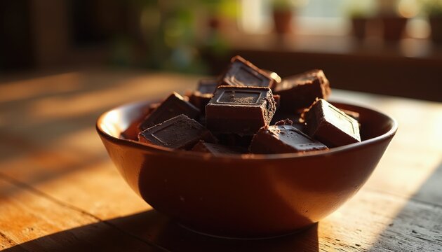 Dark chocolate squares fill brown bowl on wood table. Sunlight streams across dessert. Rich cocoa treat ready for eating, baking, or cooking. Perfect for sweet cravings and recipe inspiration.