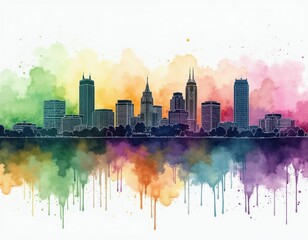 Fototapeta premium Cityscape skyline outline with vibrant watercolor splashes and drips. Modern buildings stand tall against a colorful abstract background, reflecting in water.