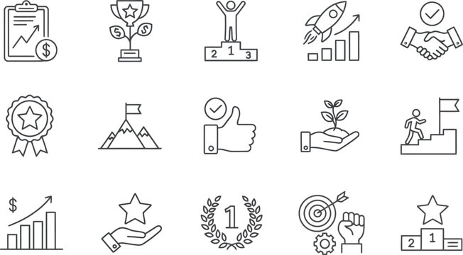 Set of achievement and success icons with trophies medals podiums and growth symbols Vector