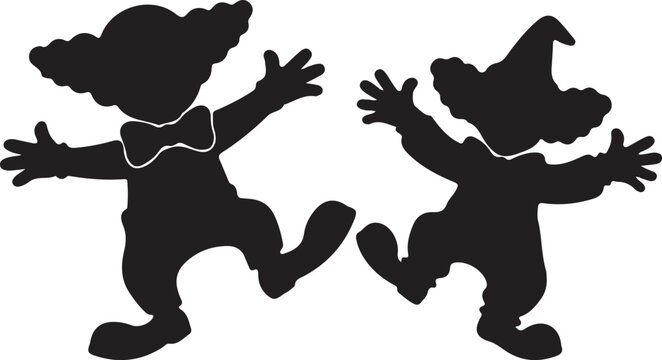Silhouettes of two dancing clowns vector illustration featuring cheerful circus performers in active poses isolated on white background
