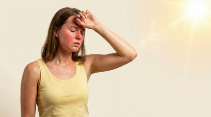 Fototapeta premium Heat stroke prevention concept woman overheated under strong sunlight feeling exhausted summer risk. emergency risk health warning. safety temperature protection, dehydration danger sun summer