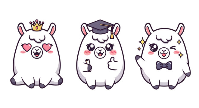 Cute Cartoon Alpacas with Different Accessories and Expressions.