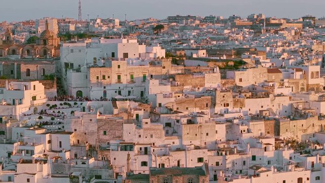 Aerial sunset view of Ostuni the White City, Puglia, Italy