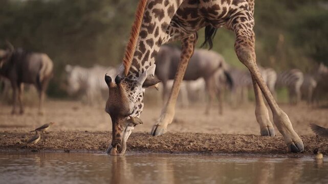 Giraffe Drinking Water with Oxpecker Birds Flying in Flight on Safari in Africa, Bird Behavior with Giraffes at a Watering Hole at Amazing Kenya Nature Sighting.