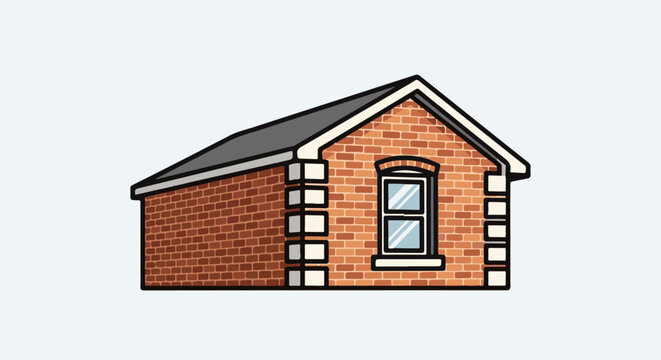 A simple cartoon of a small brick building with a pitched roof