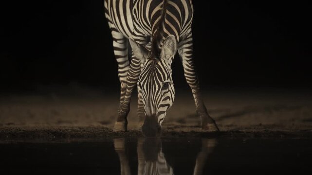 Zebra Drinking on Night Safari in Africa, Nocturnal African Wildlife Animals at a Watering Hole, Zebra on the Savannah at Night Time in the Dark.