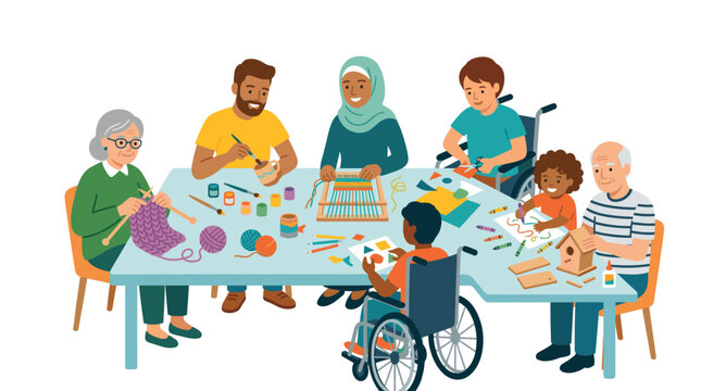 Diverse group of people of all ages and abilities engaged in creative activities together around a table