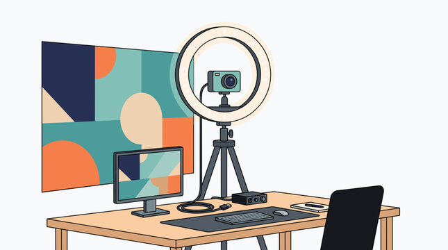 Modern home office setup for content creation with ring light camera computer and abstract art on wall