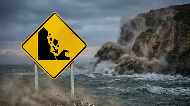 Coastal Cliff Collapse Warning Sign Near Landslide Disaster