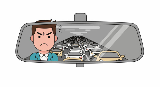 Angry driver sees heavy traffic jam in the rearview mirror