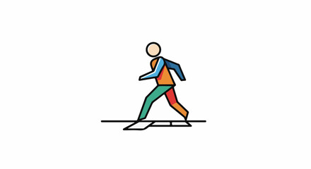 Fototapeta premium Stylized figure in motion, with geometric blocks of color representing limbs and torso, crossing a black line
