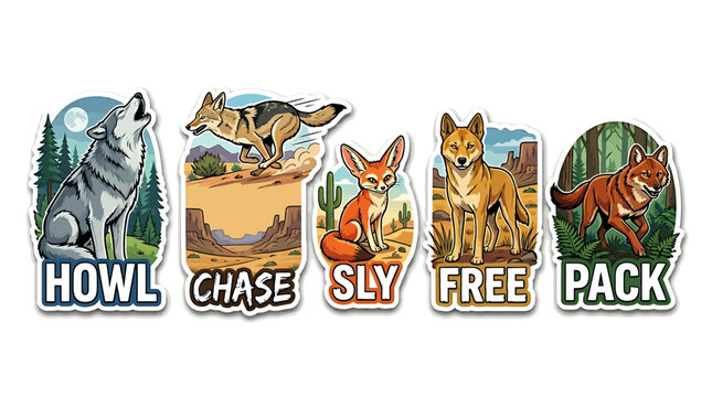 Wild Animal Stickers: A collection of vibrant, illustrated stickers featuring a wolf howling, a coyote in mid-chase, a sly fox, a free dingo.