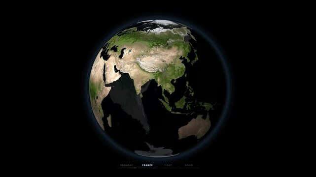 Realistic Earth globe rotating through European country profiles with national flags and data