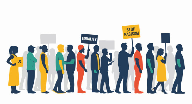Diverse group of people with signs advocating for equality and an end to racism