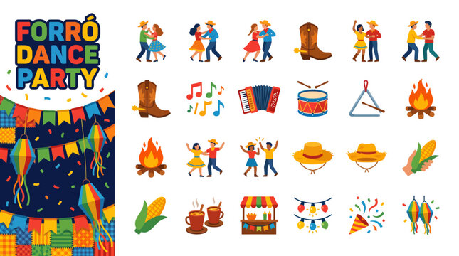 Brazilian Forr&oacute; Dance Party Illustrations and Icons Featuring Music, Food, and Festive Decorations