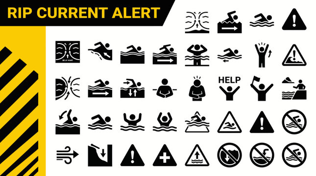 Coastal Safety Warning Icons Rip Current Alerts and Water Hazard Symbols for Beach Guidance