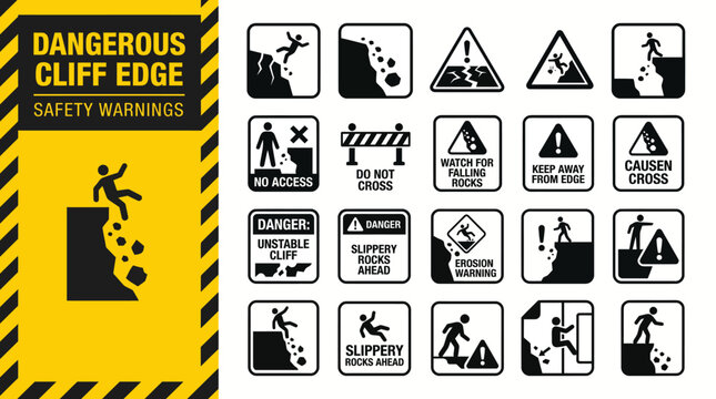 Collection of cliff edge and general safety warning signs and symbols for hazard awareness and prevention